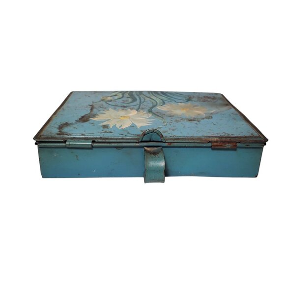 Vtg Toleware Silent Butler Crumb Catcher Metal Hand Painted Box Floral Hinged - Picture 4 of 7